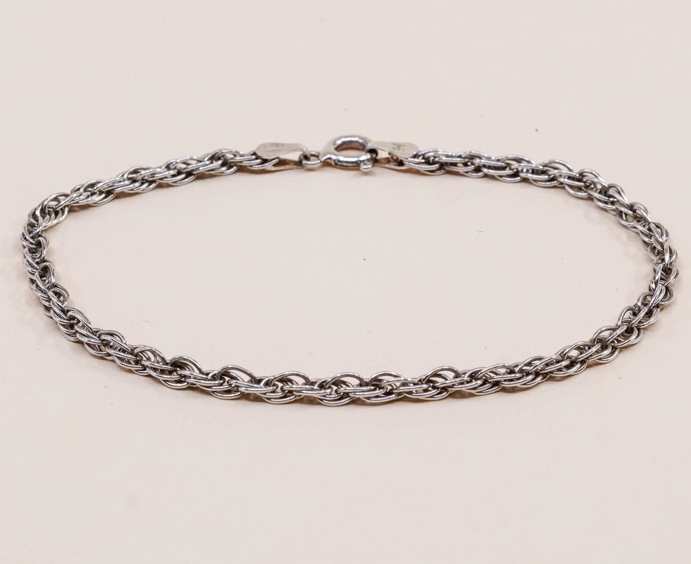 7", 3mm, Vintage sterling silver Italy rope chain bracelet, stamped italy 925