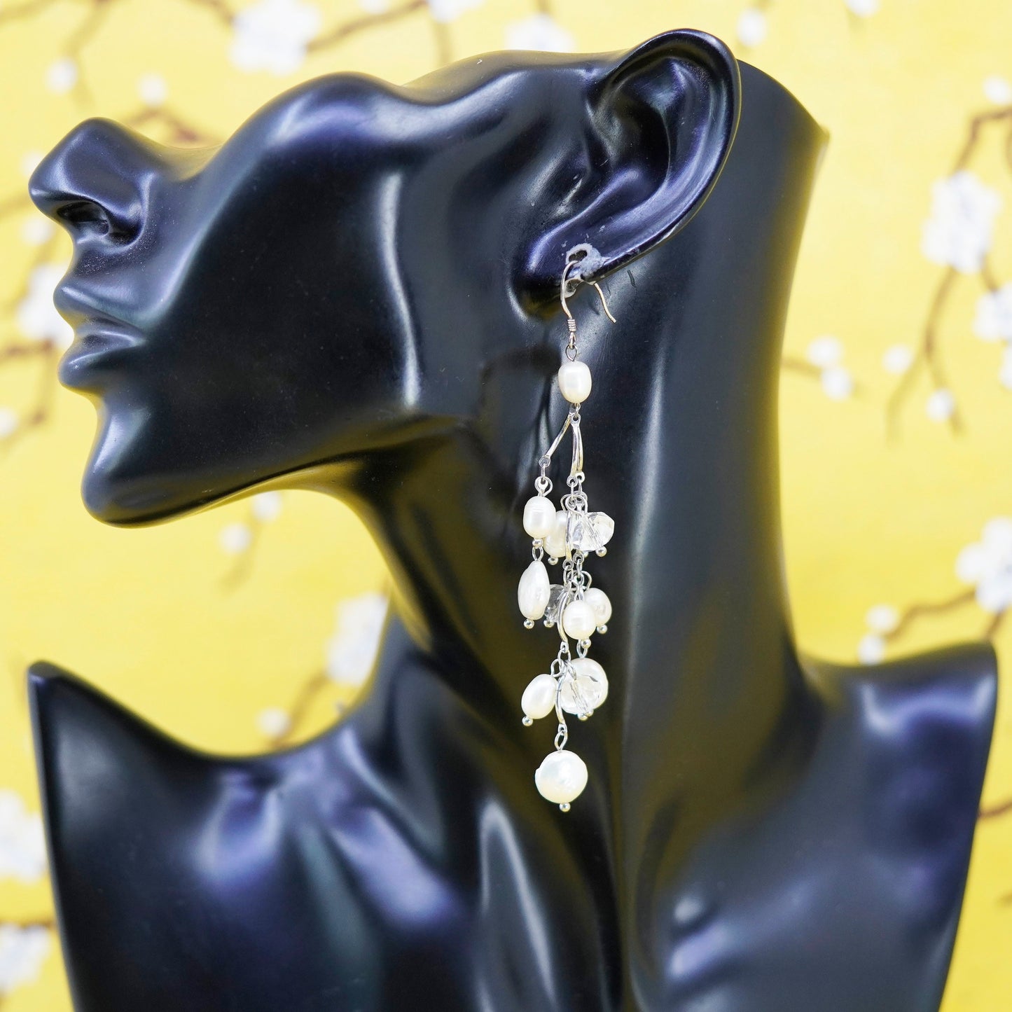 Vintage Sterling silver handmade earrings, 925 with cluster pearl drops