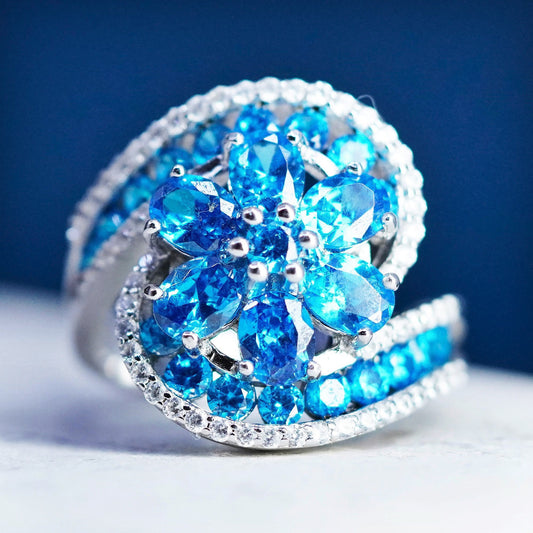 Size 8, vintage Sterling 925 silver statement floral ring with cluster blue Cz