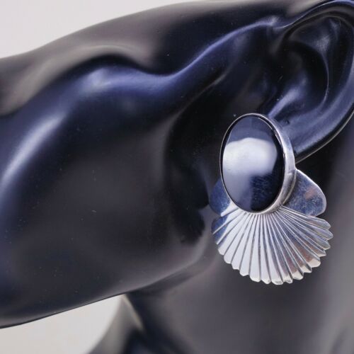 Vtg Southwestern Sterling Silver Handmade Earrings, BAL 925 Studs W/ Obsidian