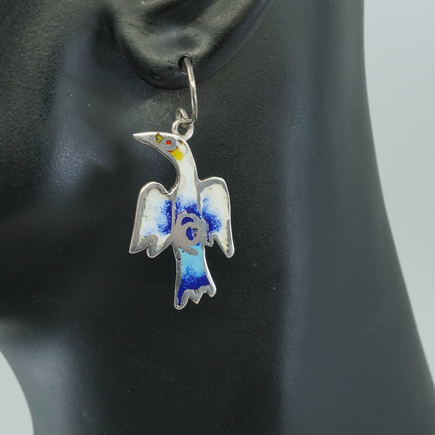 vtg Sarah sterling silver handmade earrings, 925 w/ colorful enamel bird