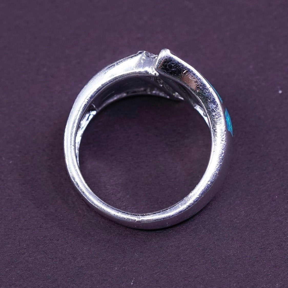 sz 6.5, vtg AK Sterling silver handmade ring, 925 band w/ fire opal and Cz