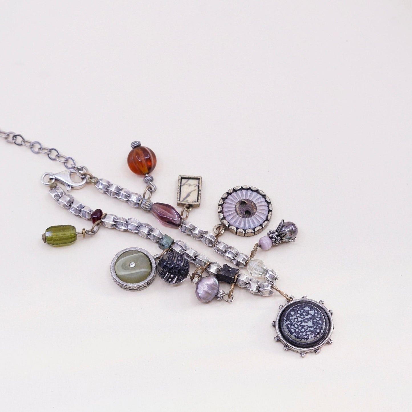 6.5+2”, vtg sterling 925 silver bead handmade bracelet w/ amber brass charms
