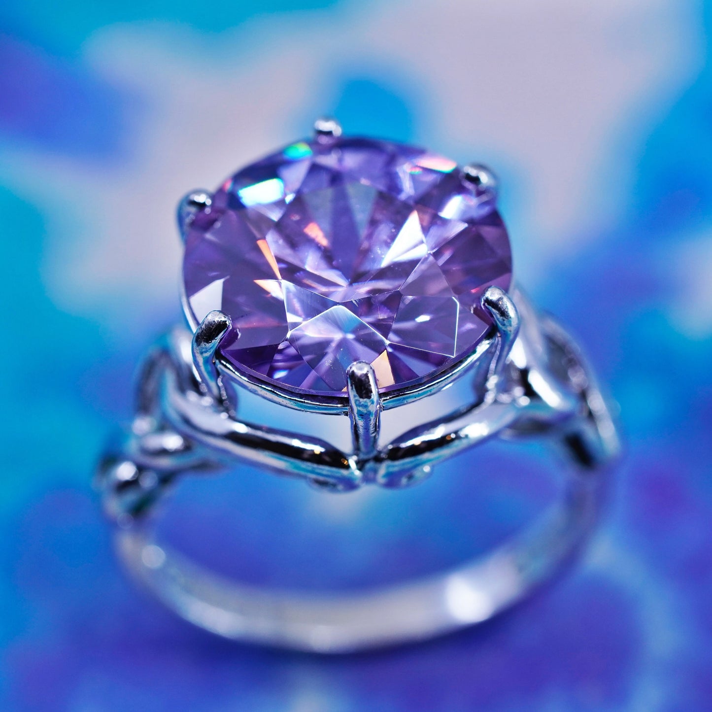 Size 7.75, vtg Sterling 935 silver handmade ring w/ mega shiny amethyst ring