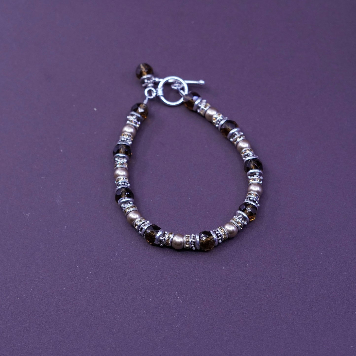 7.25”, Sterling 925 silver beads bracelet with smoky topaz and pearl and Cz