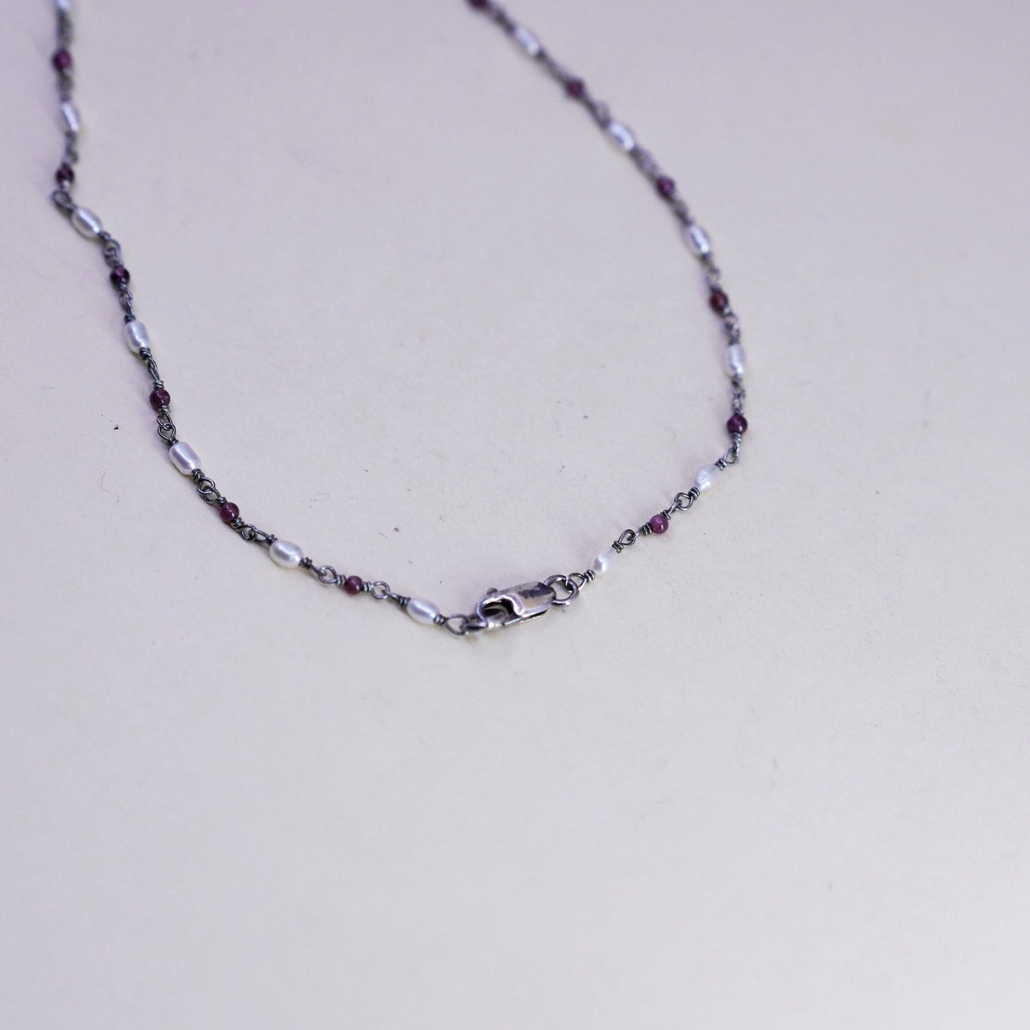 17”, Sterling silver necklace, 925 circle chain w/ garnet flower pendant pearls