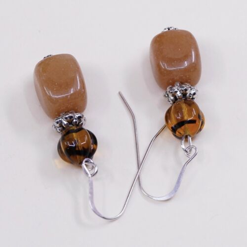 Vtg Sterling Silver handmade Earrings, 925 Silver W/ Orange Agate N Amber