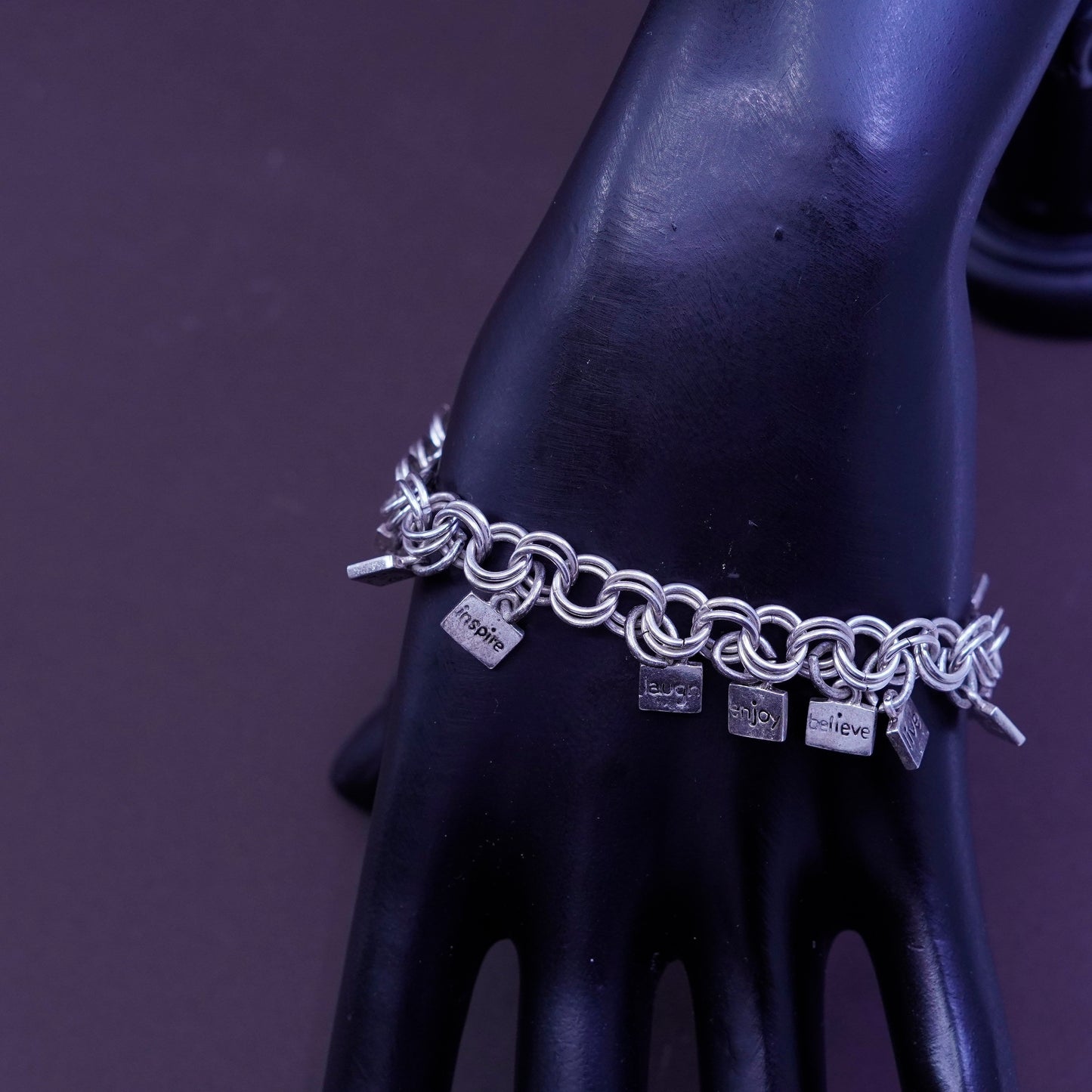 7.25”, vintage Sterling silver handmade charm bracelet, 925 double circle chain