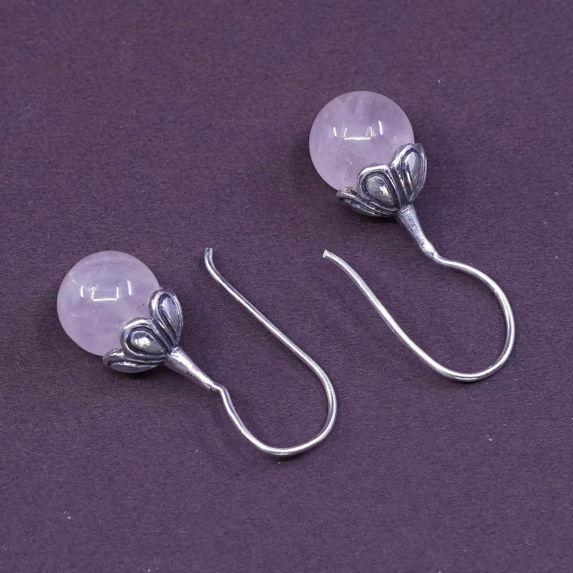 Sterling silver handmade earrings, Mexico 925 flower bud hooks w/ pink quartz