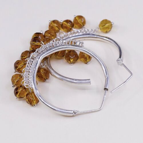 1.5”, Vtg handmade Sterling 925 Silver earrings, Hoops W/ Cluster Amber Dangles
