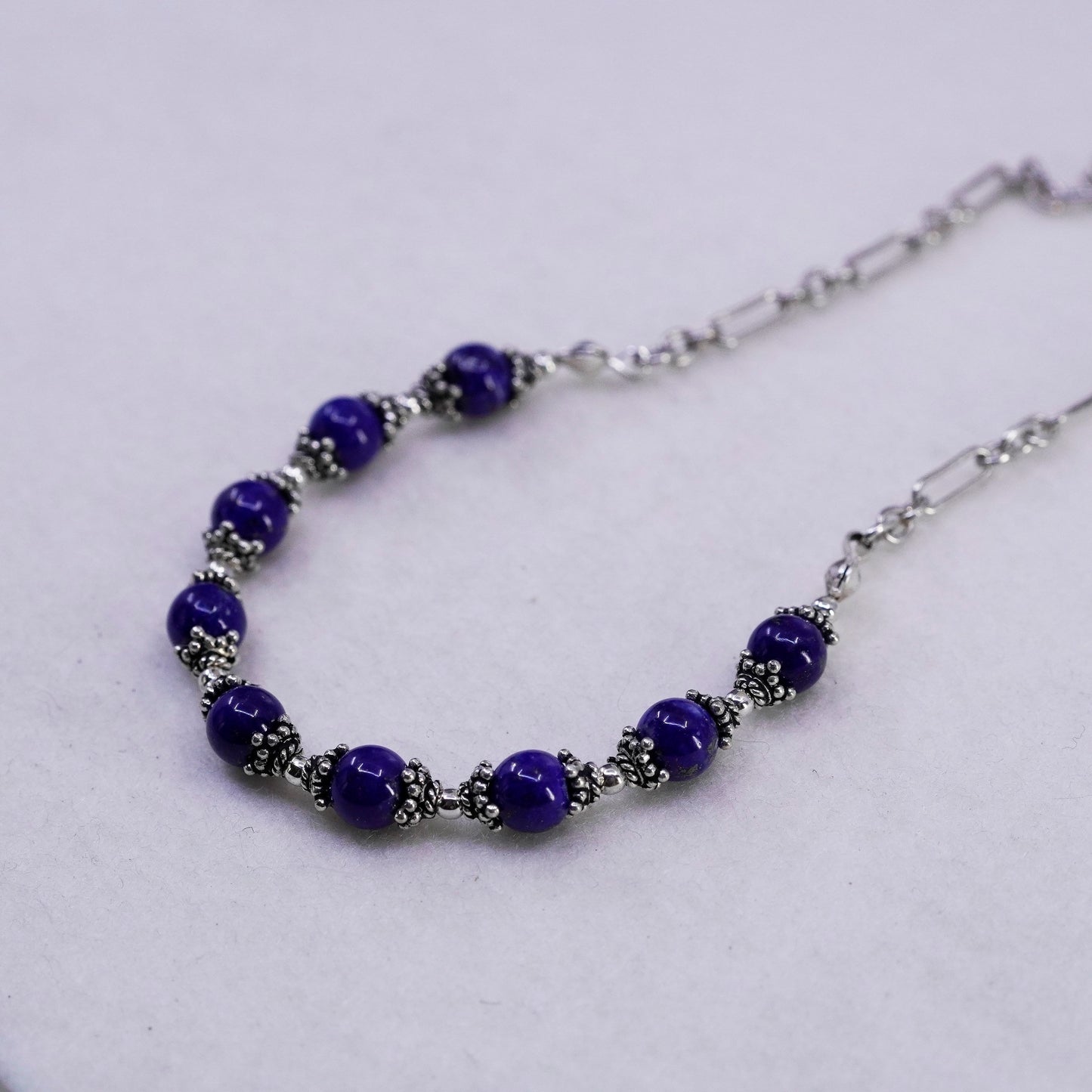 19”, Sterling 925 silver handmade elongated necklace with lapis lazuli beads