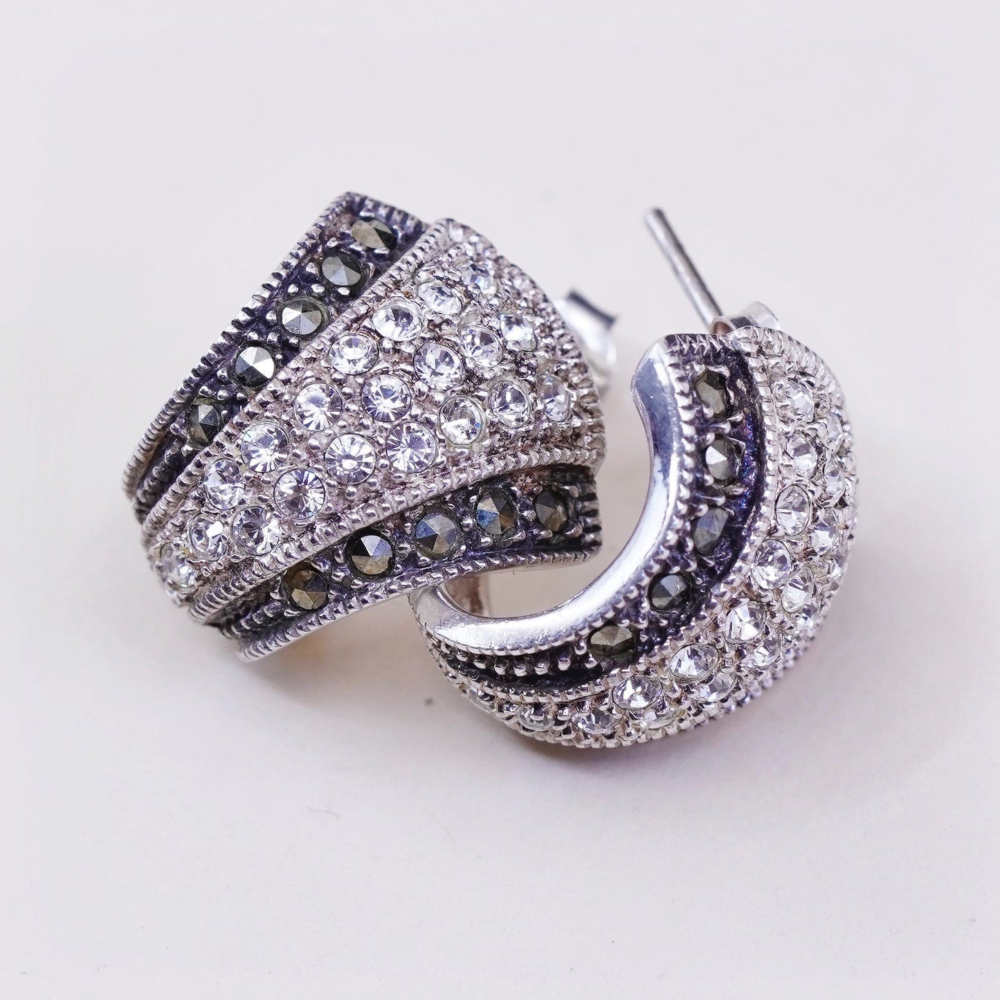 Judith Jack Sterling 925 silver Huggie hoops earrings with Marcasite and Cz