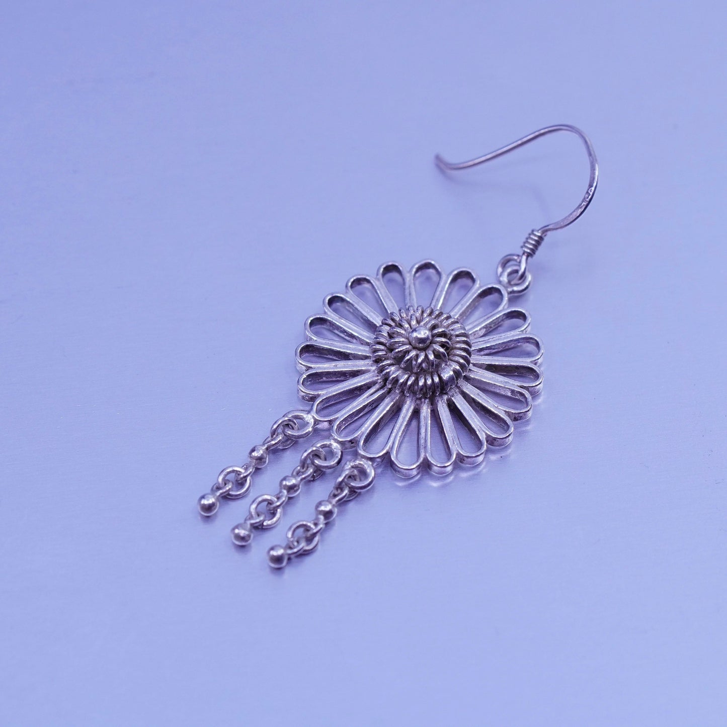 Vintage Sterling 925 silver handmade filigree flower earrings, stamped 925