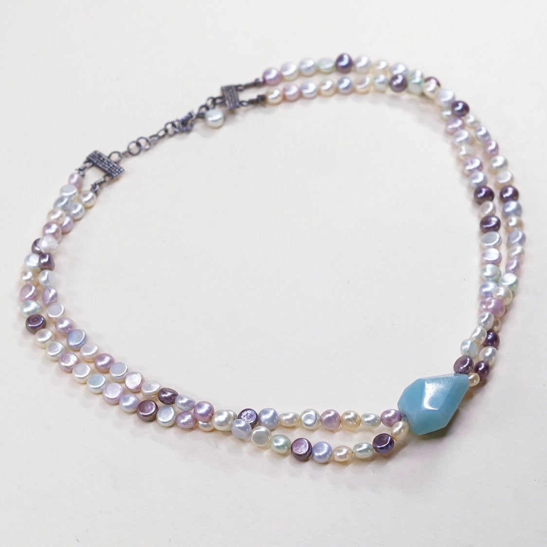 16”+1”, vtg Sterling 925 silver chain with pearl beads N nugget Larimar pendant