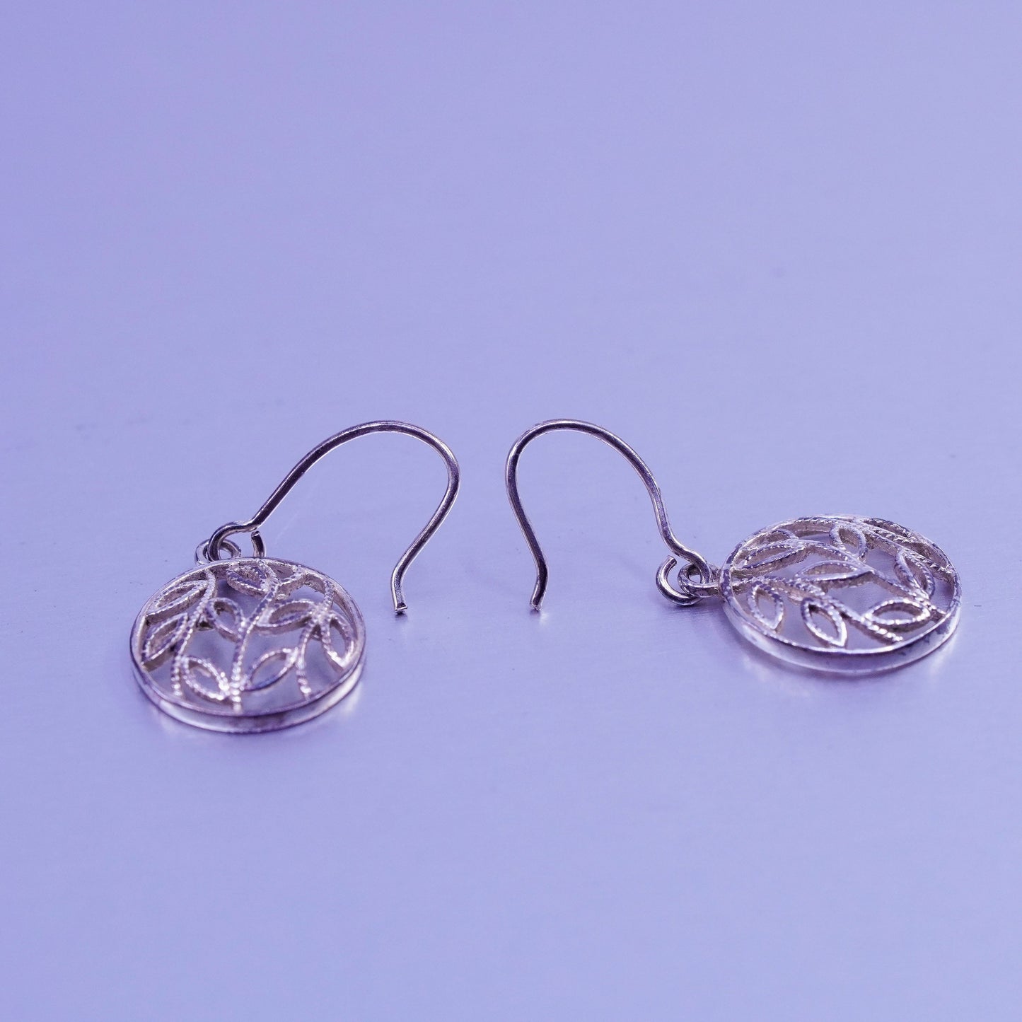 vintage Sterling silver handmade earrings, 925 circle dangles with leaves
