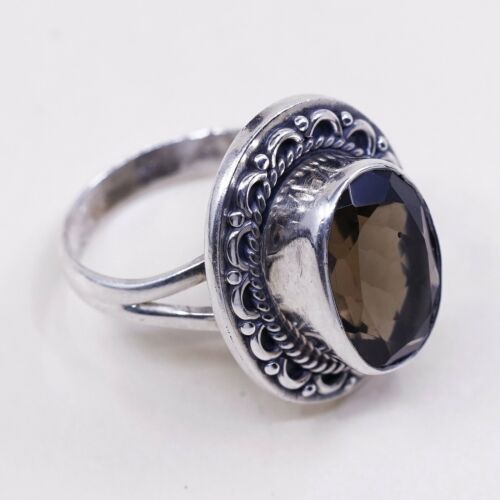 Sz 6.75, Vtg Sterling Silver Handmade Ring, 925 Cocktail Ring W/ Smoky topaz