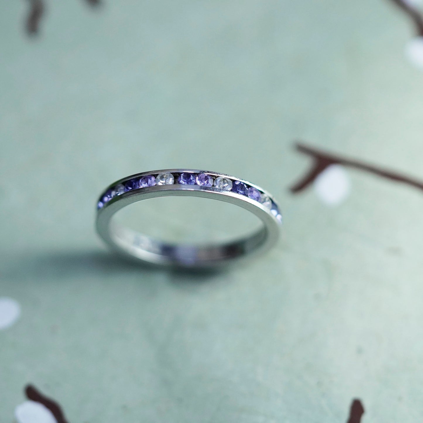 Size 7, Sterling 925 silver stackable ring, stackable band with blue clear CZ
