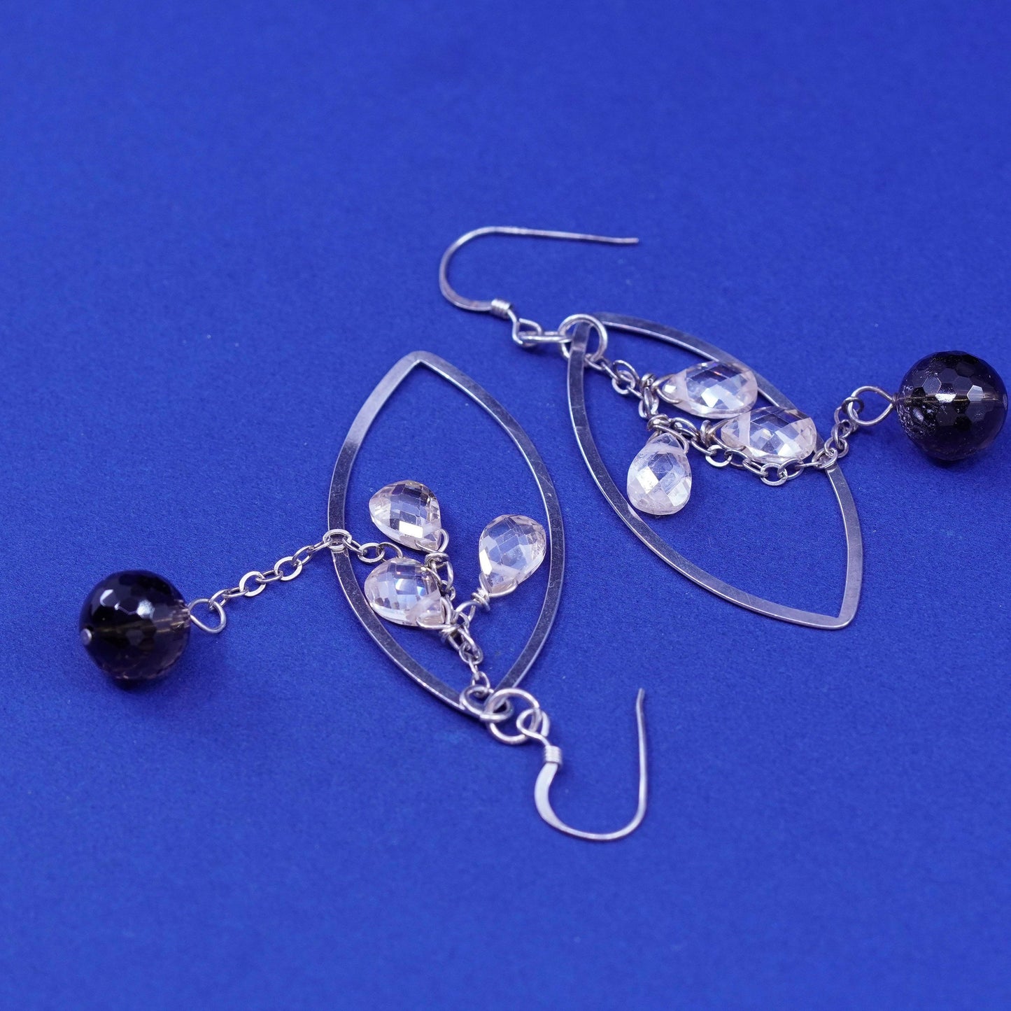 Vintage Sterling Silver long Earrings. 925 long Marquise shaped dangle crystal