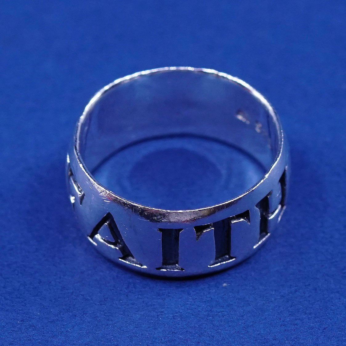 sz 6.75, vtg CF sterling silver handmade ring, 925 band w/ faith embossed