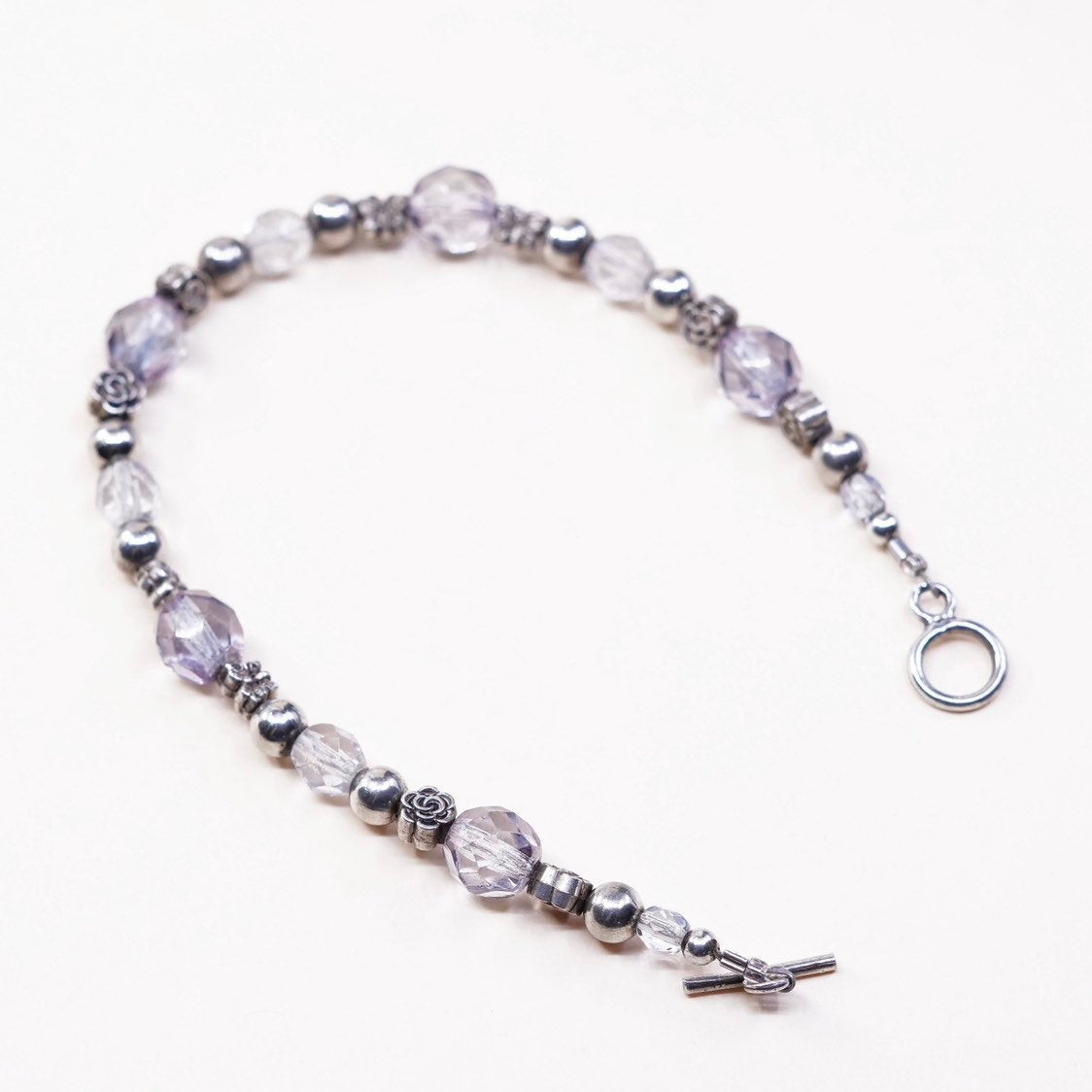 7.25”, VTG sterling silver handmade bracelet, 925 beads w/ crystal beads
