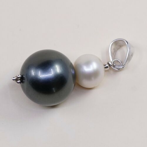 Vintage Sterling Silver Heart Pendant, Solid 925 Silver Black N White Pearl