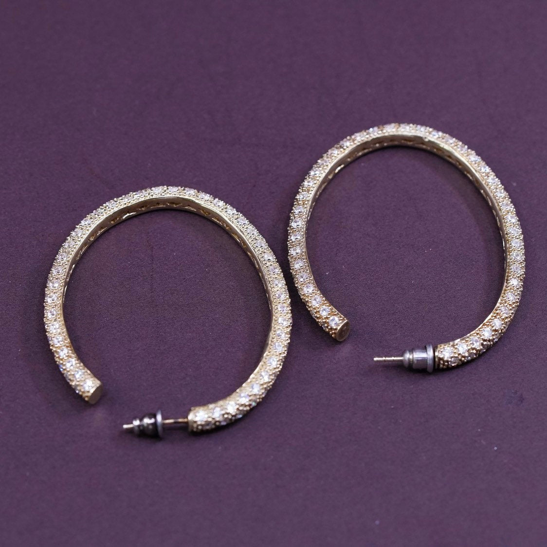 2.25" Vermeil gold over Sterling silver hoops 925 huggie earrings w/ cluster Cz