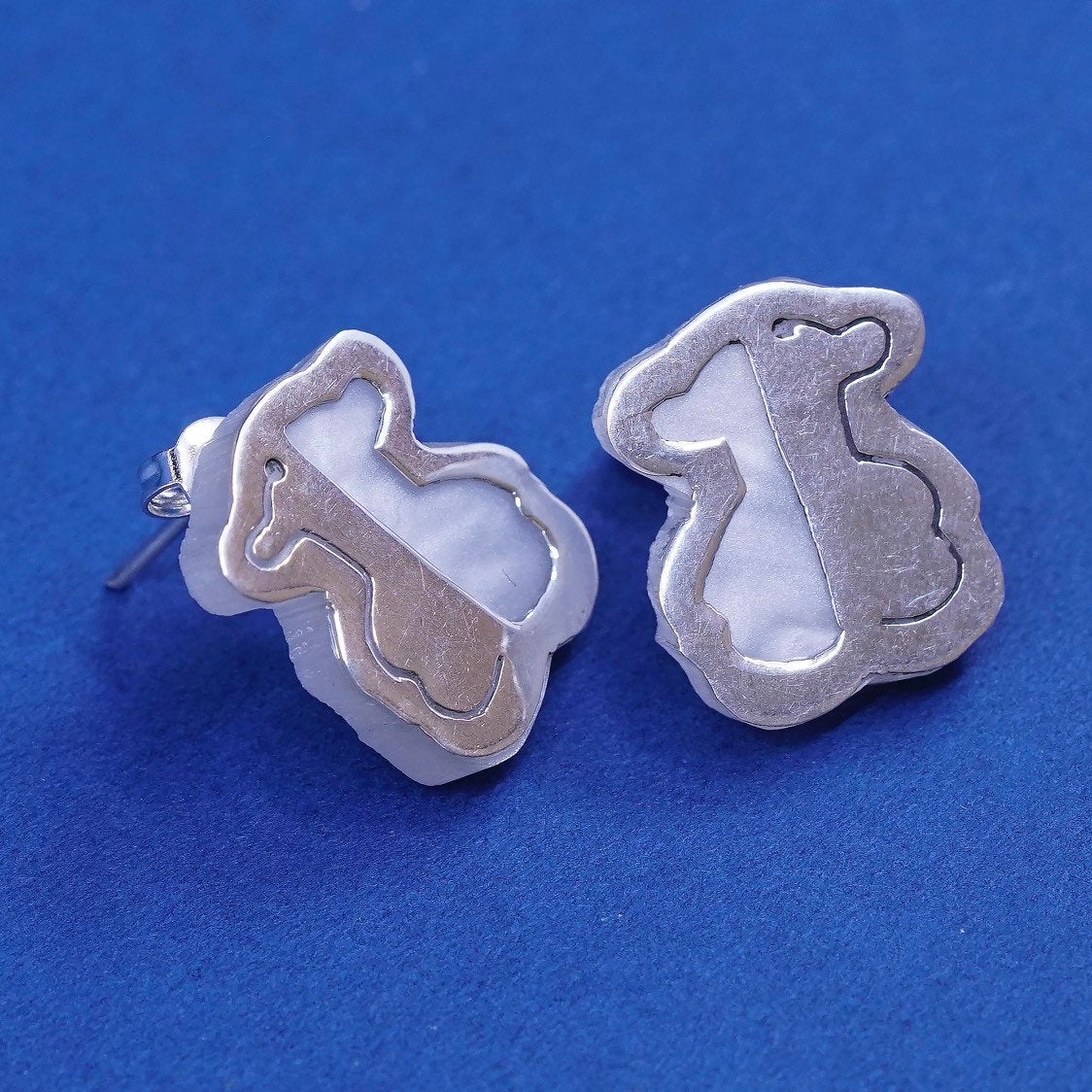vtg sterling silver handmade earrings, 925 bear studs w/ mother of pearl