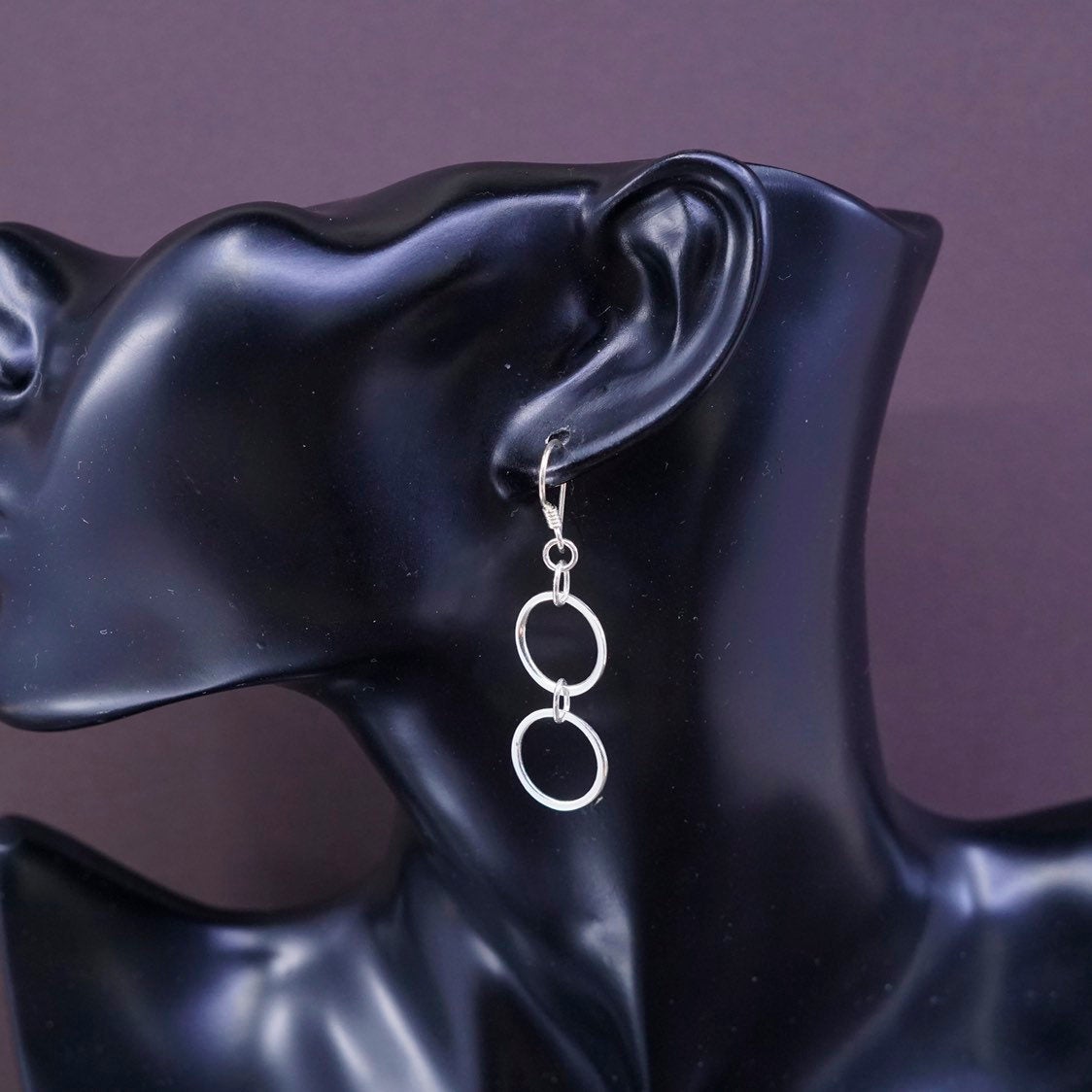 2” long, VTG Sterling silver handmade earrings, 925 double circles dangle