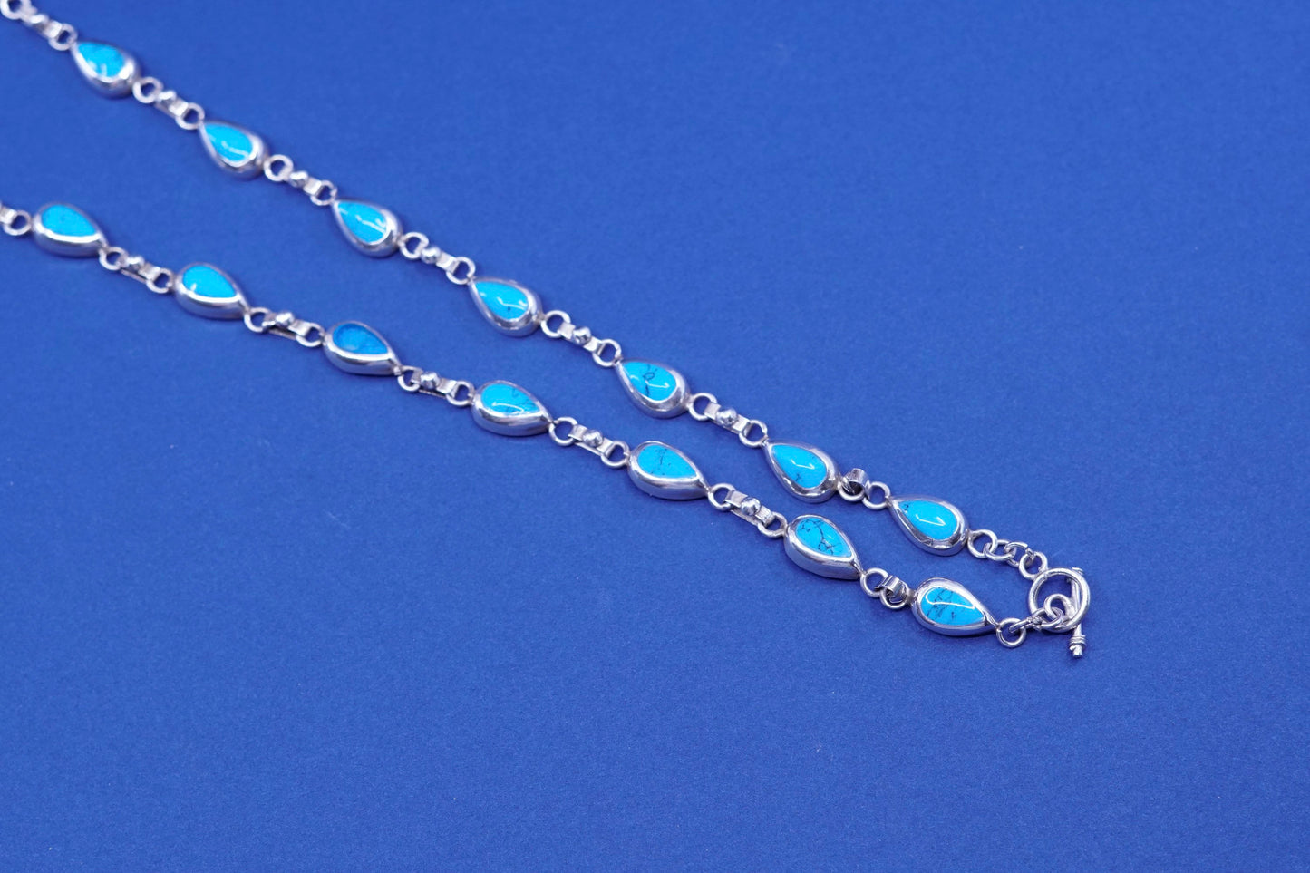 22”, huge mexico sterling 925 silver teardrop handmade necklace w/ turquoise