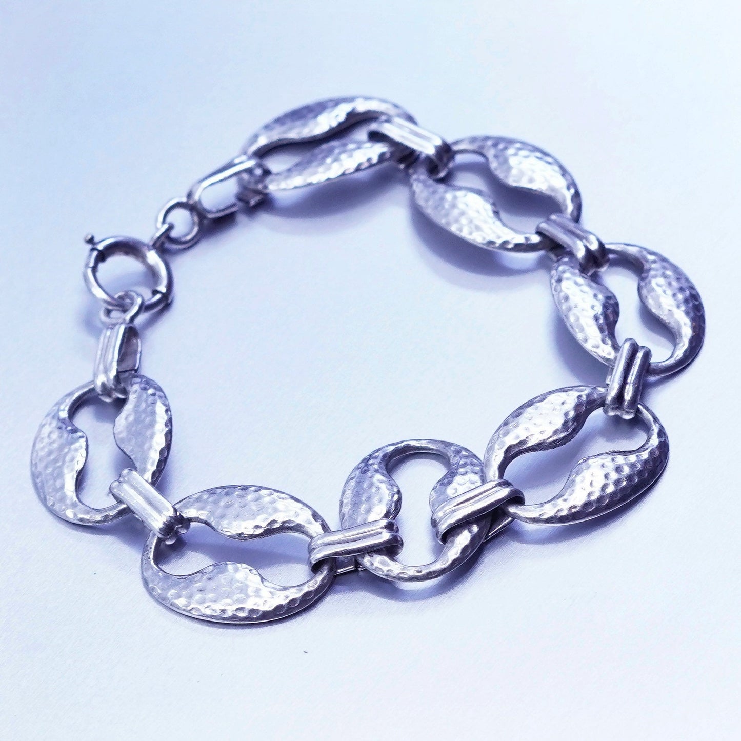 7”, vintage Sterling 925 silver handmade bracelet, hammered peanut link chain