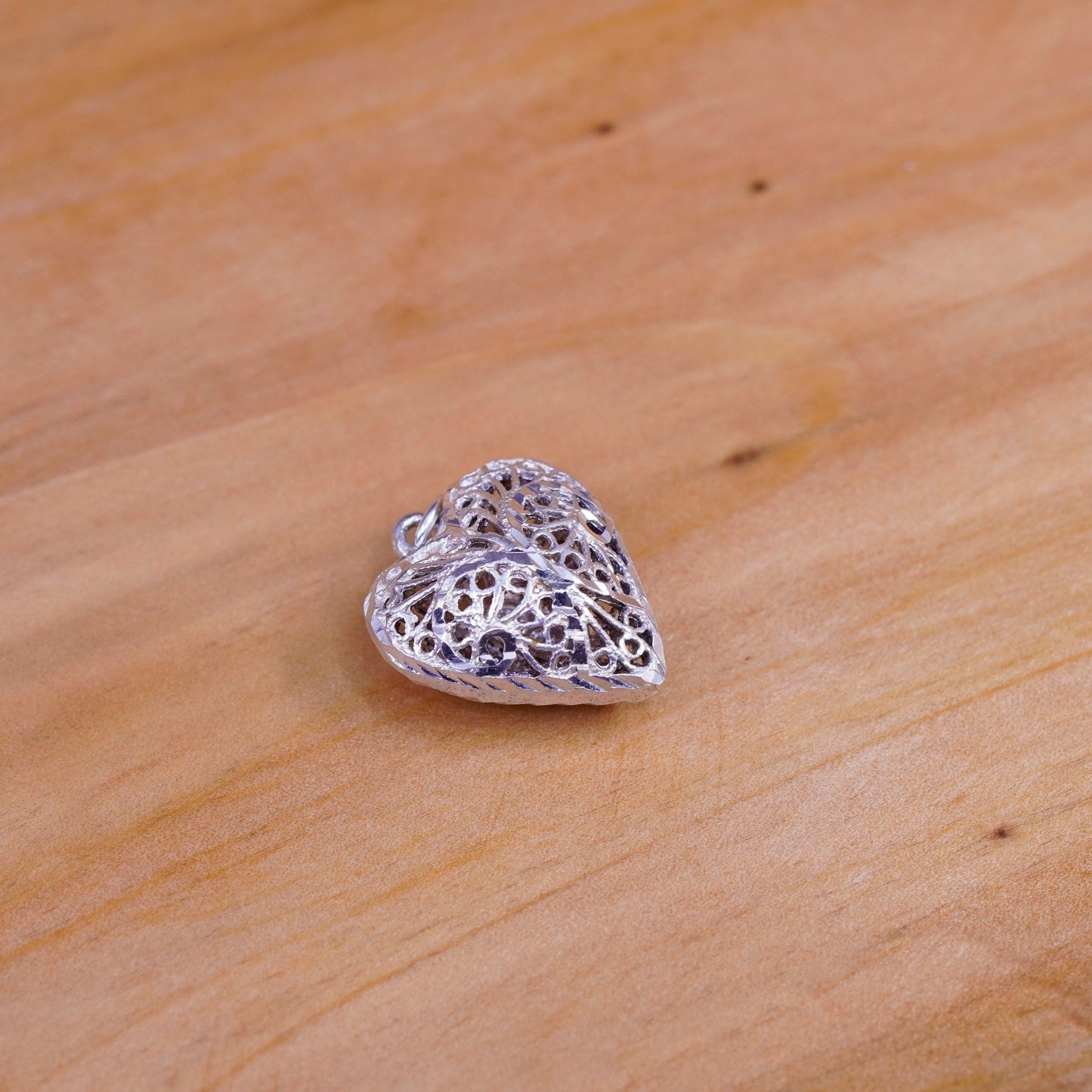 Vintage Sterling silver handmade pendant, 925 filigree puffy heart pendant