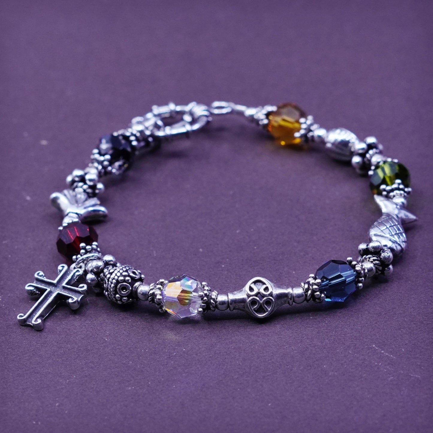 6.75”, Sterling silver beads bracelet, 925 beads w/ crystal N cross fish charms