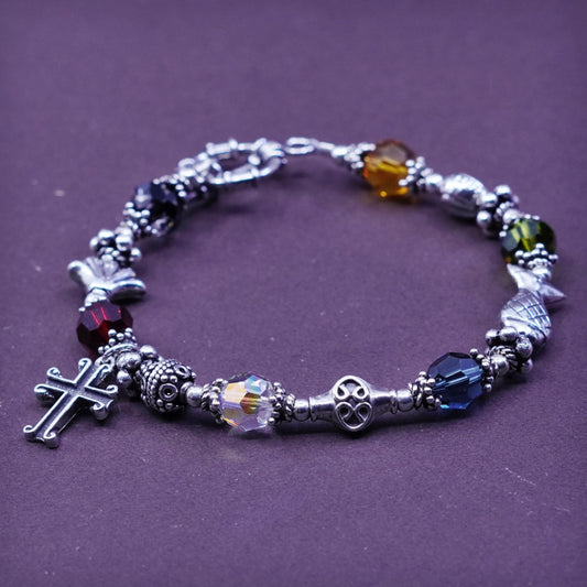 6.75”, Sterling silver beads bracelet, 925 beads w/ crystal N cross fish charms