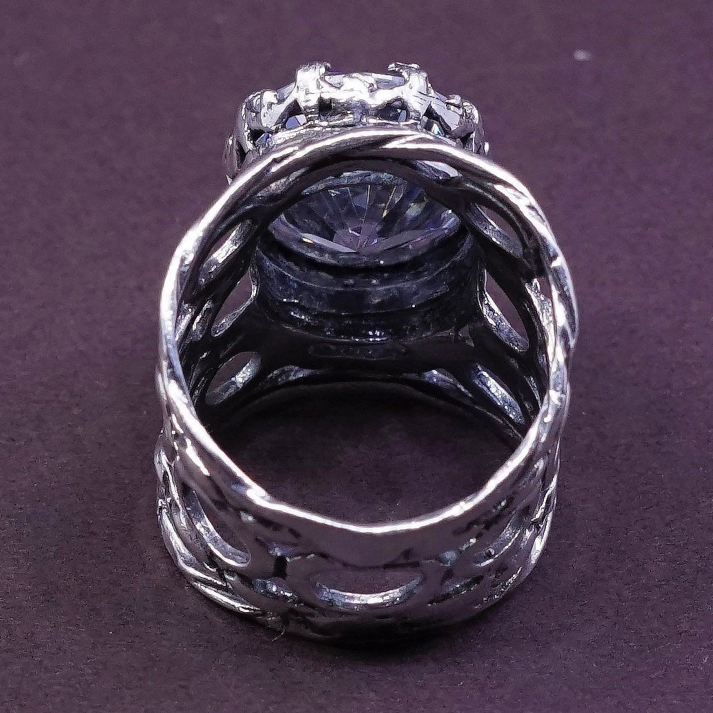 sz 7, vtg Israel Sterling silver handmade ring, 925 statement band w/ cz