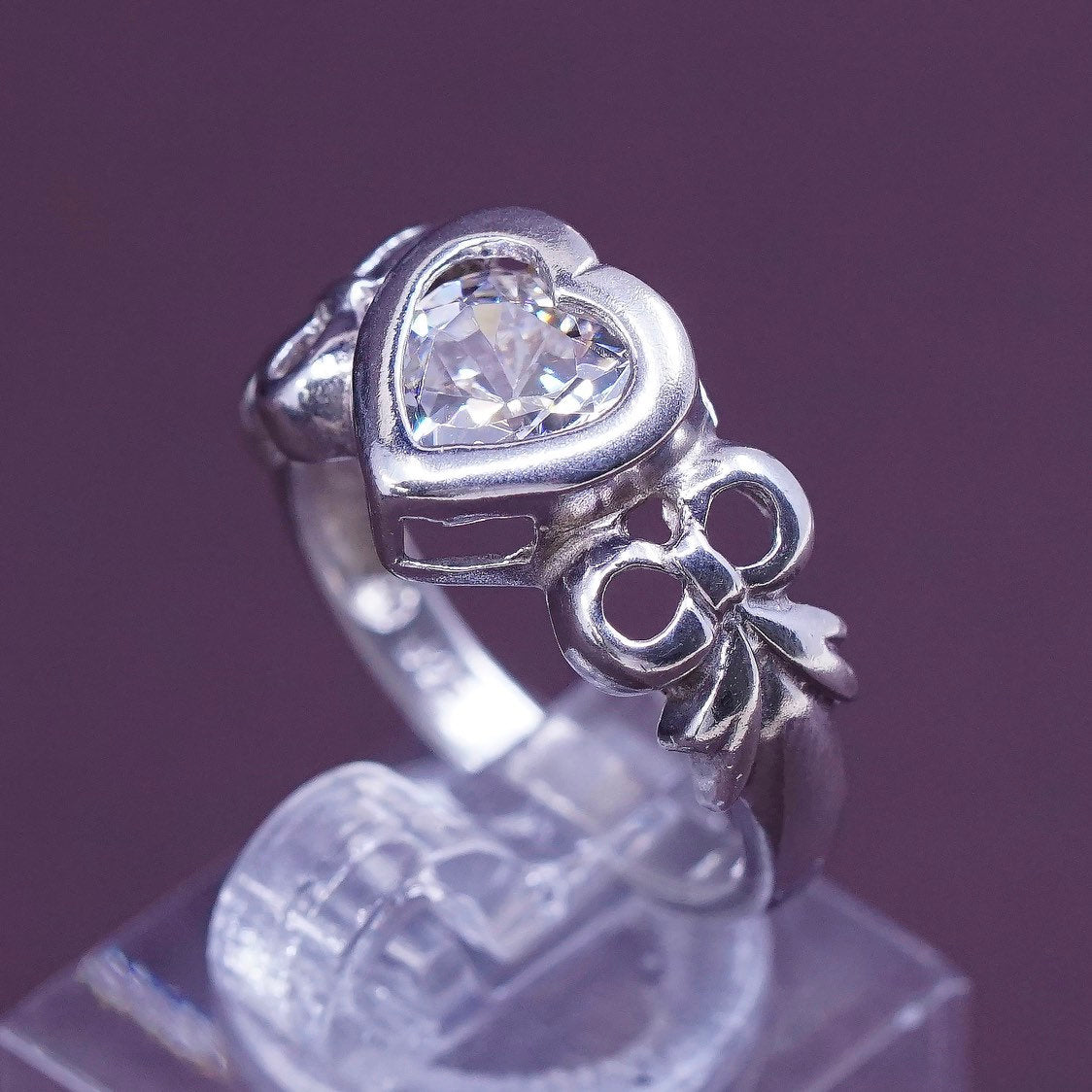 sz 7.25, vtg sterling silver engagement ring, clear crystal heart 925