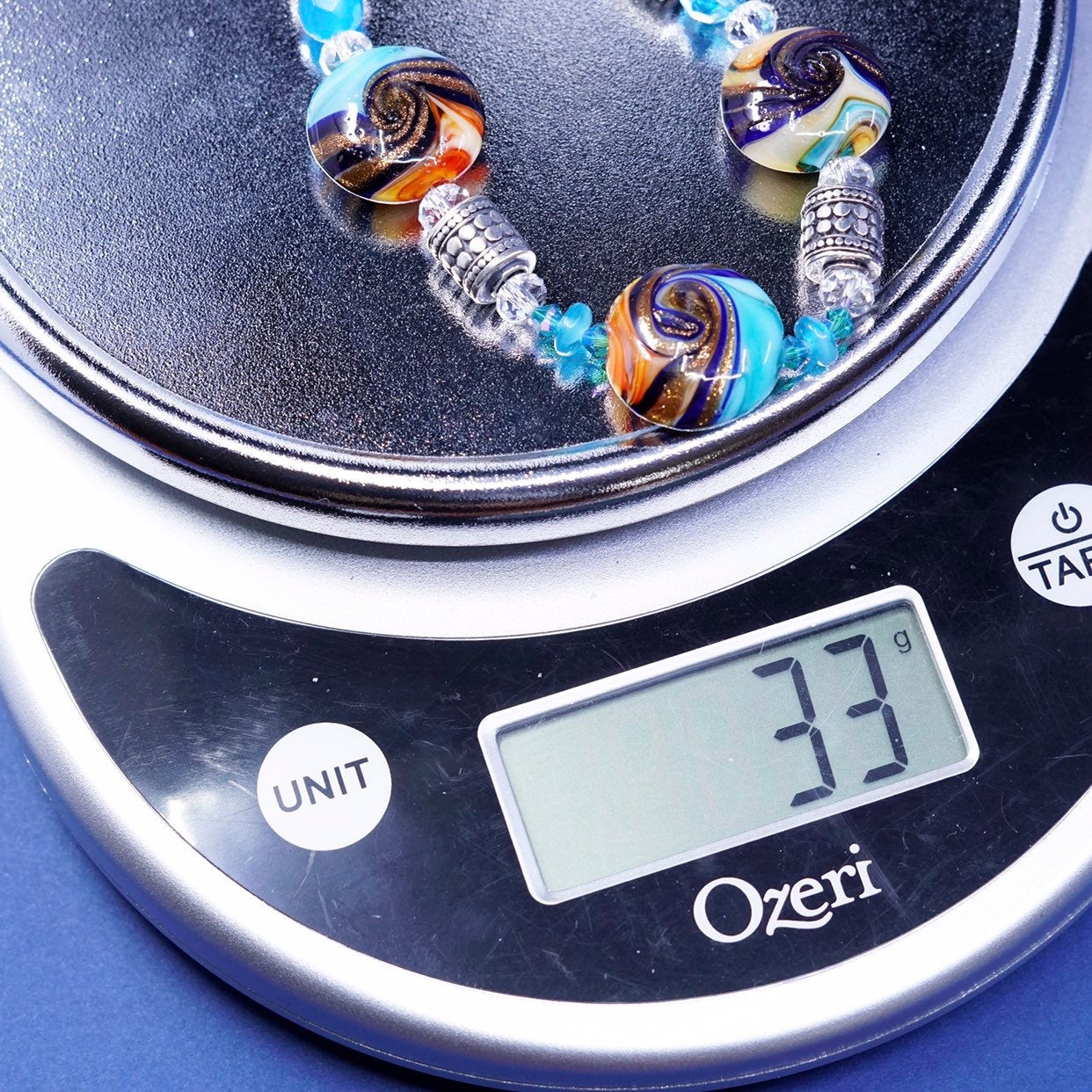 7.25", handmade sterling silver bracelet, 925 beads w/ foiled glass N heart