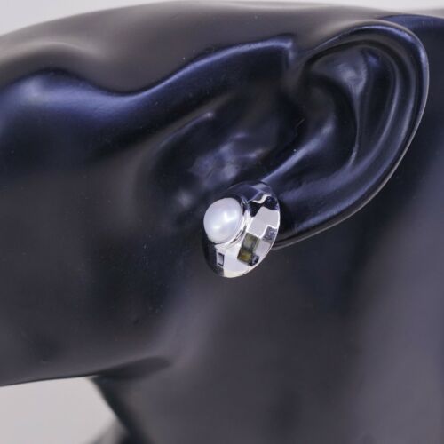 Vtg BAB Handmade STERLING SILVER earrings, 925 Studs W/ Pearl N Checker Texture