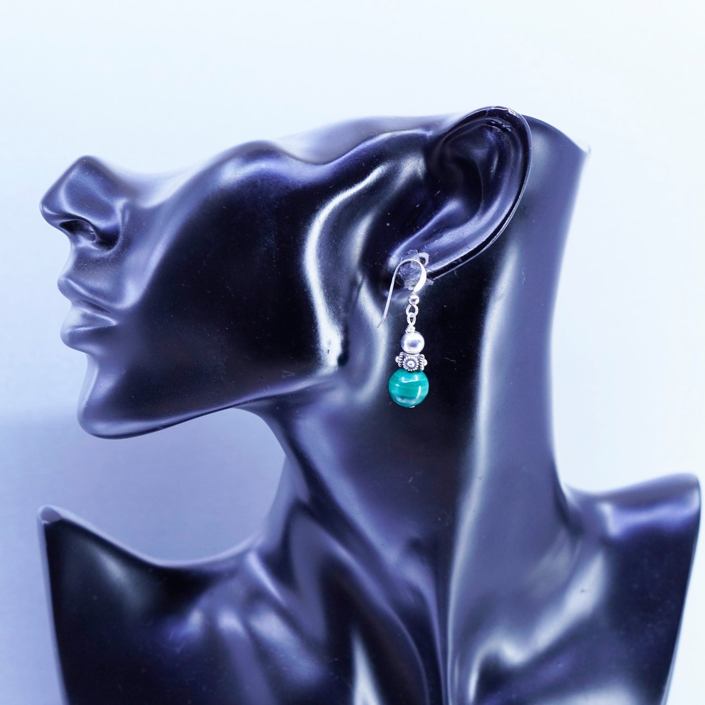 Vintage Sterling 925 silver handmade earrings with malachite beads and flowers