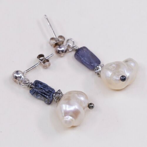 Vintage Southwestern handmade Sterling Silver Pearl Earrings w/ Agate Beads