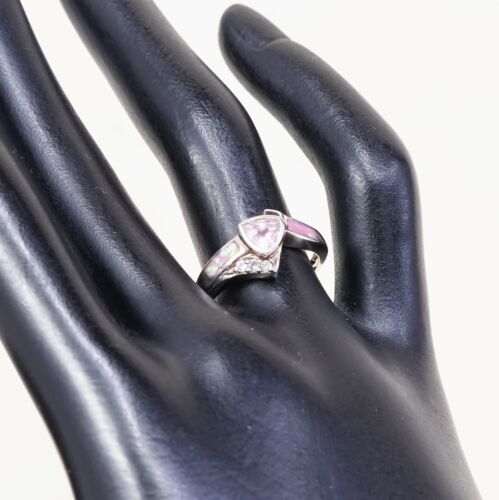 Sz 7.25, Vtg Sterling 925 Silver Ring W/ Pink Heart Cz N Opal Inlay, Stamped 925