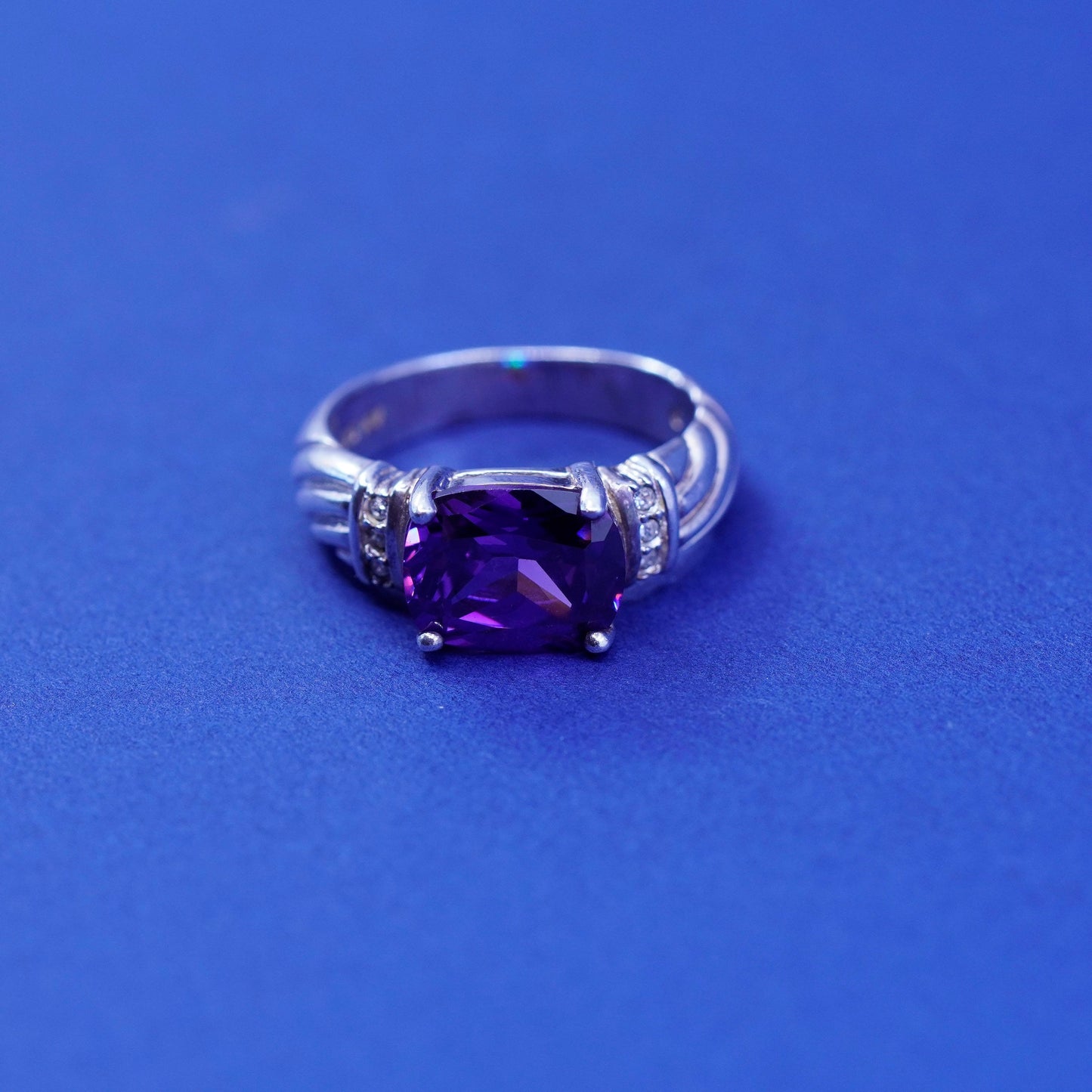 Size 6, vintage Sterling 925 silver engagement ring with amethyst and Cz