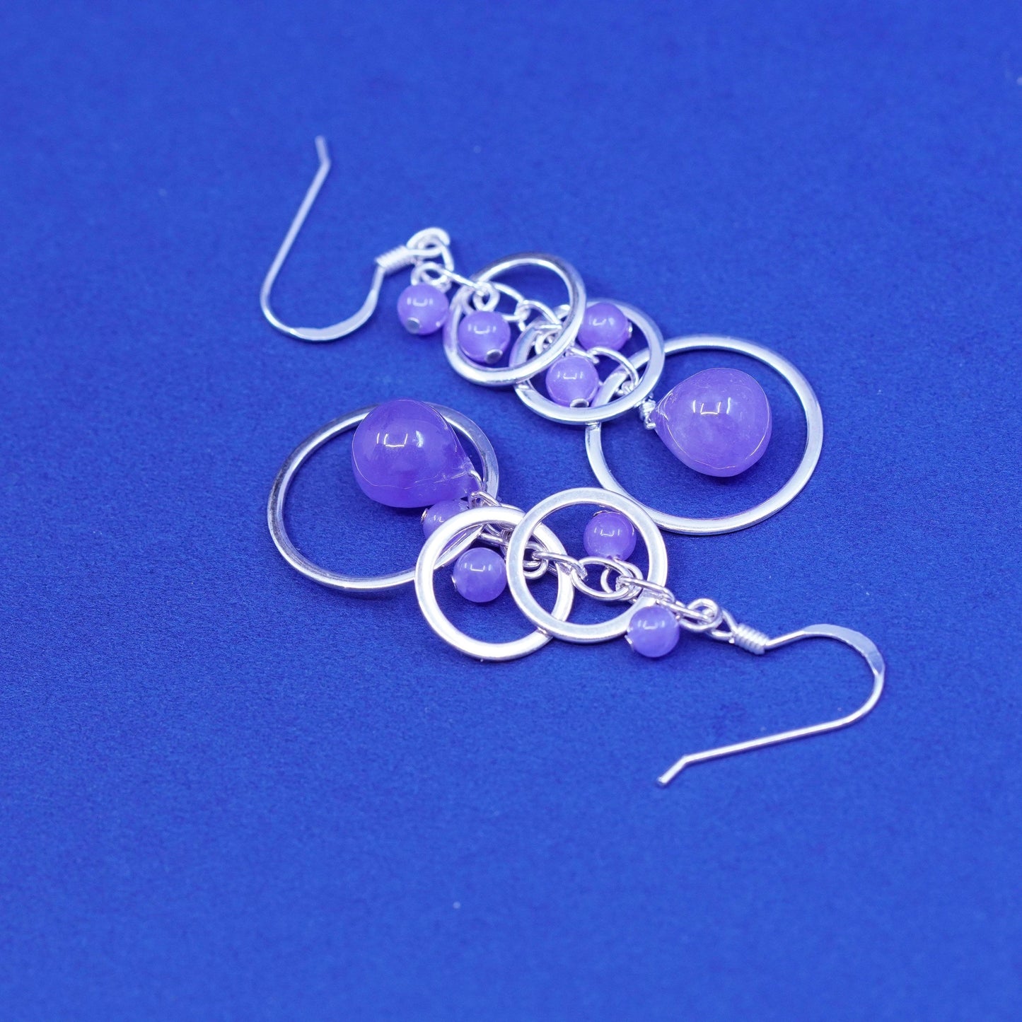 Vintage sterling silver handmade earrings, 925 circles w/ bead amethyst dangles