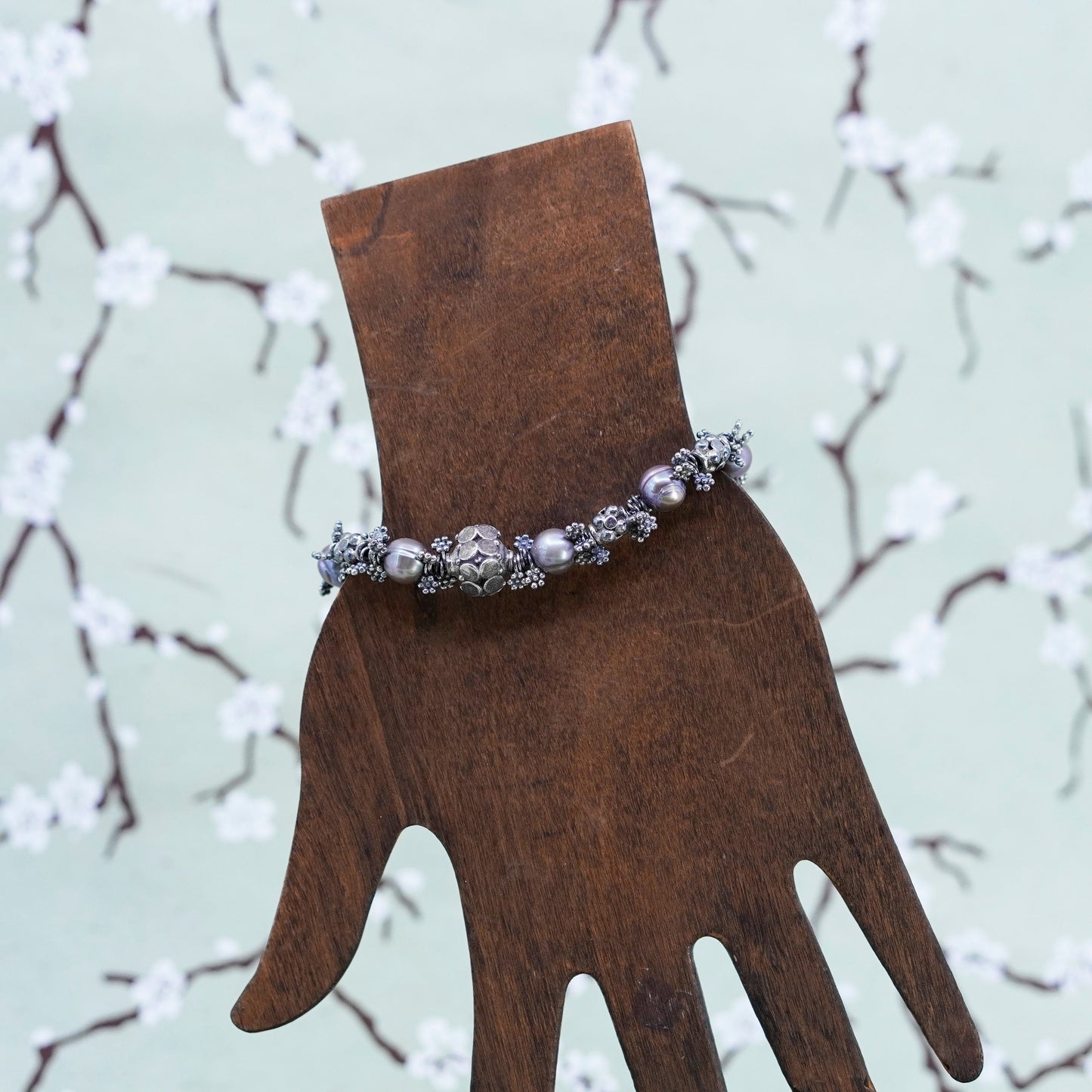 6.75”, Vintage handmade bracelet, pearl beads with sterling 925 silver beads