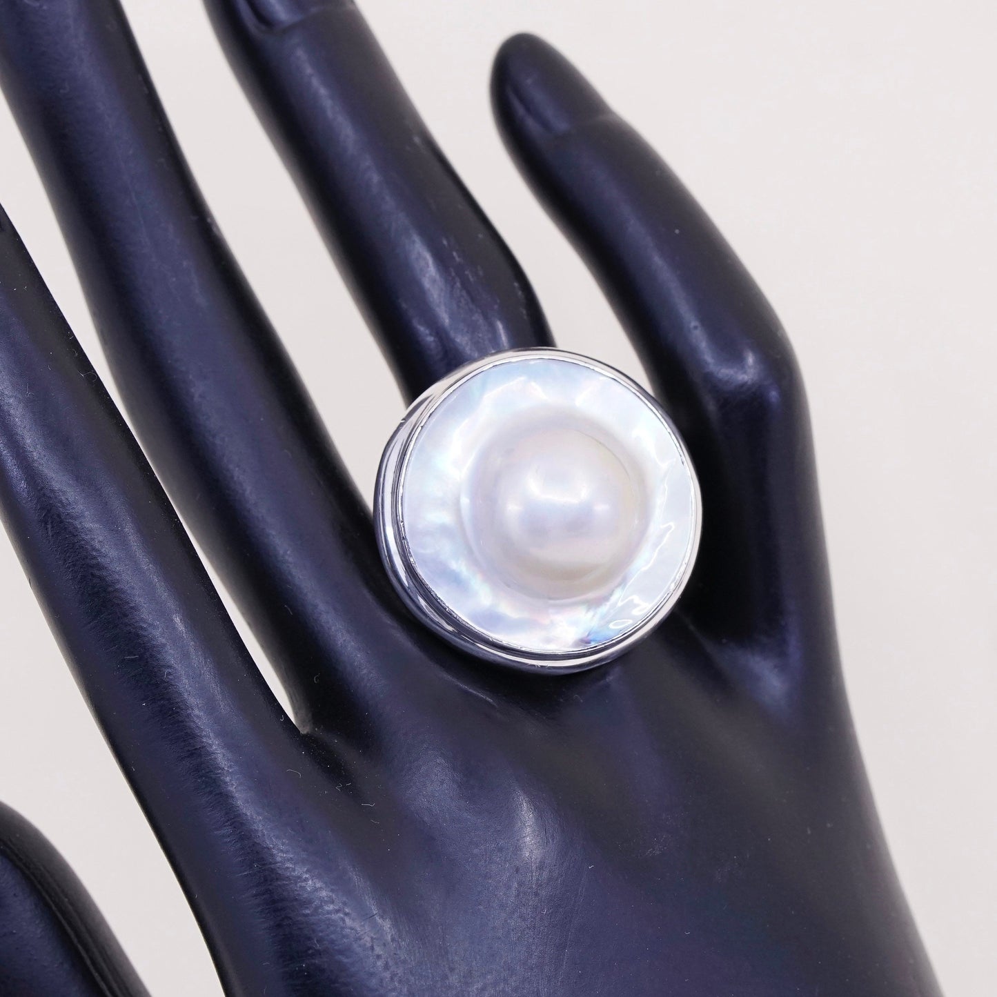 sz 7, vtg SLJ Sterling silver handmade ring, modern 925 band w/ bluster pearl