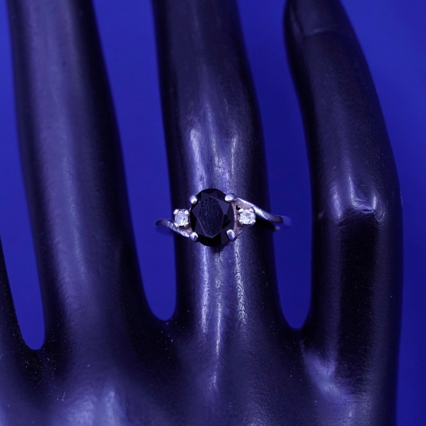 Size 4.75, vintage Sterling 925 silver handmade ring with sapphire and cz