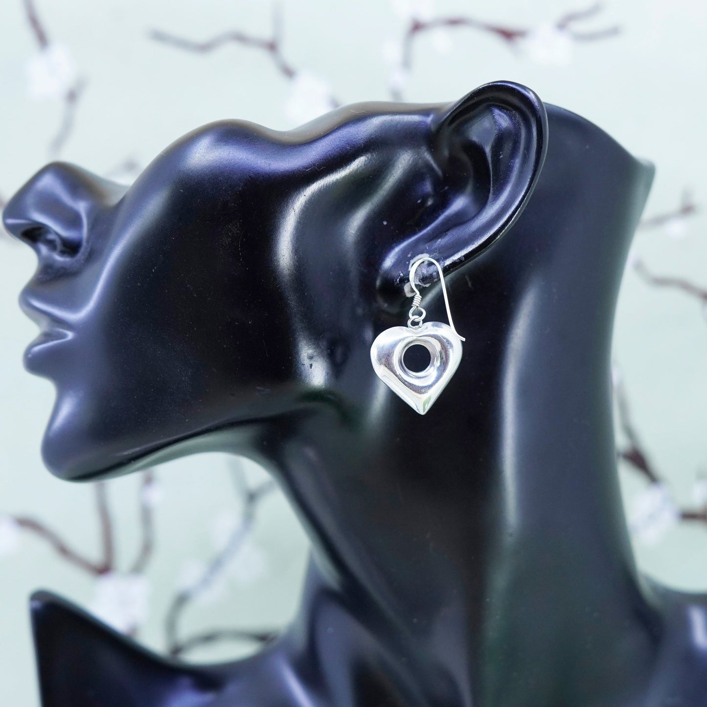 Vintage Mexico Sterling 925 silver handmade earrings heart drops