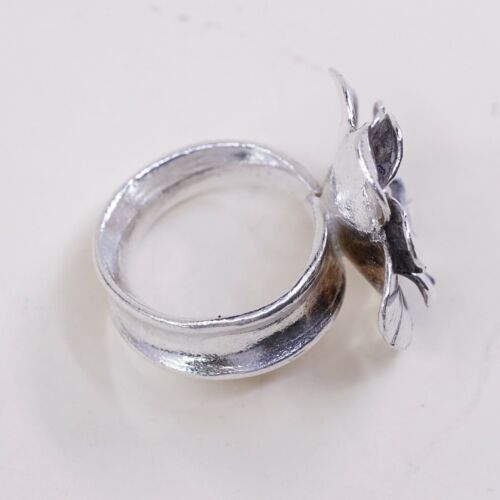 Sz 6.5, Vtg Statement Cocktail Handmade Sterling Silver Flower Ring, Stamped 925