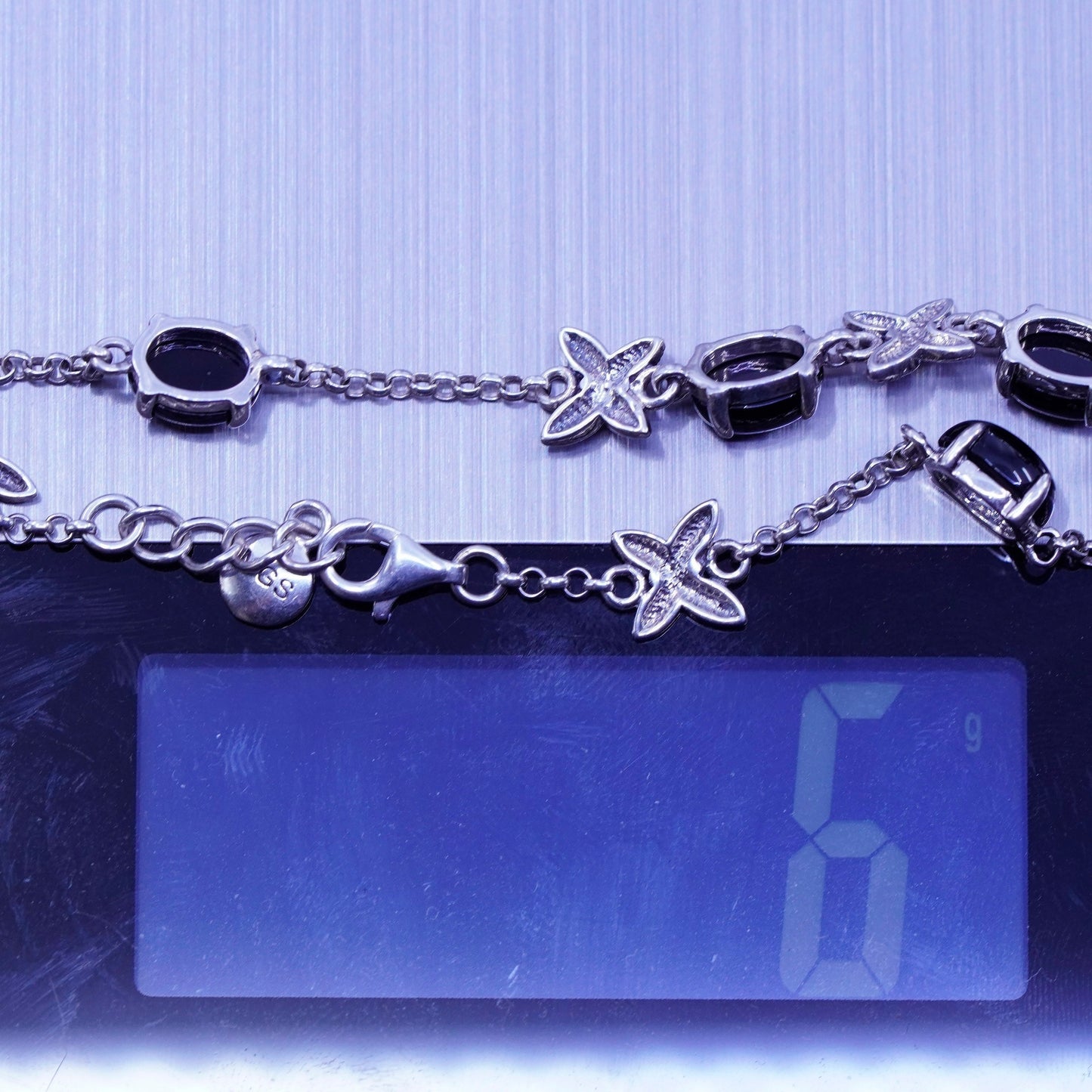 7”, MGS Sterling 925 silver bracelet with obsidian and marcasite butterfly