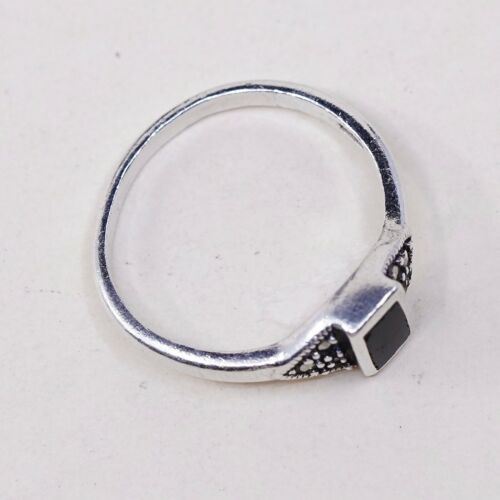 Sz 7.75, Vtg Sterling Silver Handmade Ring, 925 Silver Band W obsidian inlay