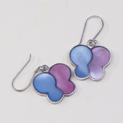 STERLING 925 SILVER Handmade Earrings W/ Blue N Pink Butterfly MOTHER OF PEARL